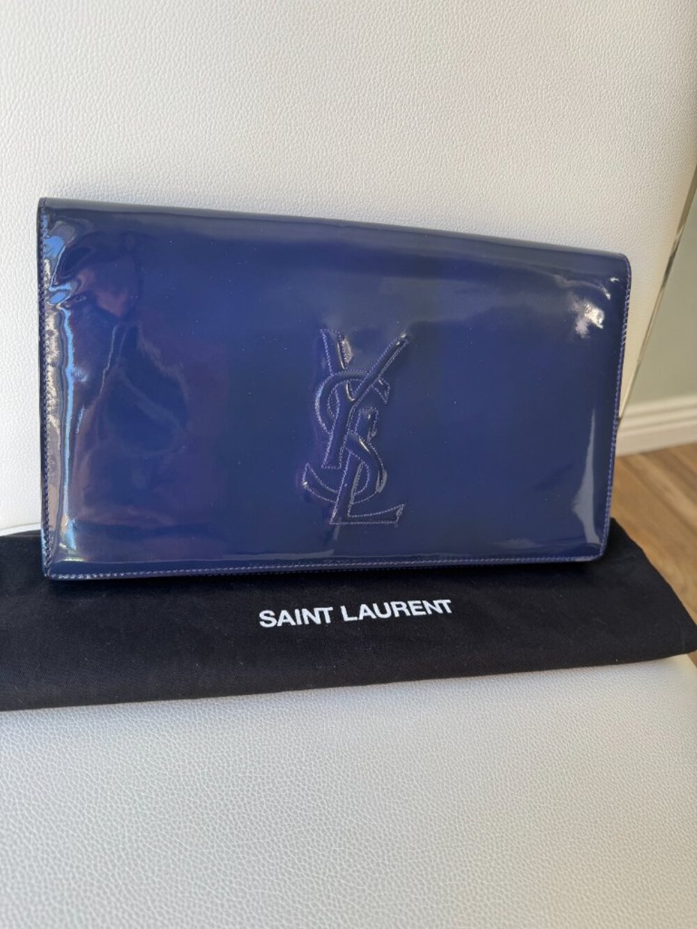 YSL Saint Laurent Belle de Jour Blue Patent Leather Clutch